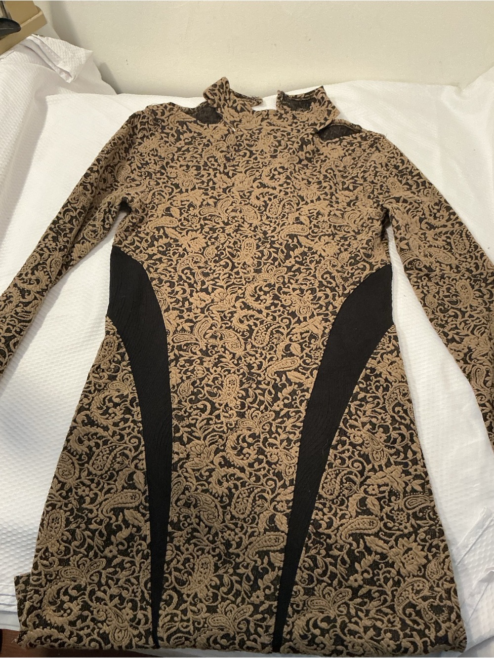Free People Black and Tan Paisley Knit Long-Sleeve Dress
